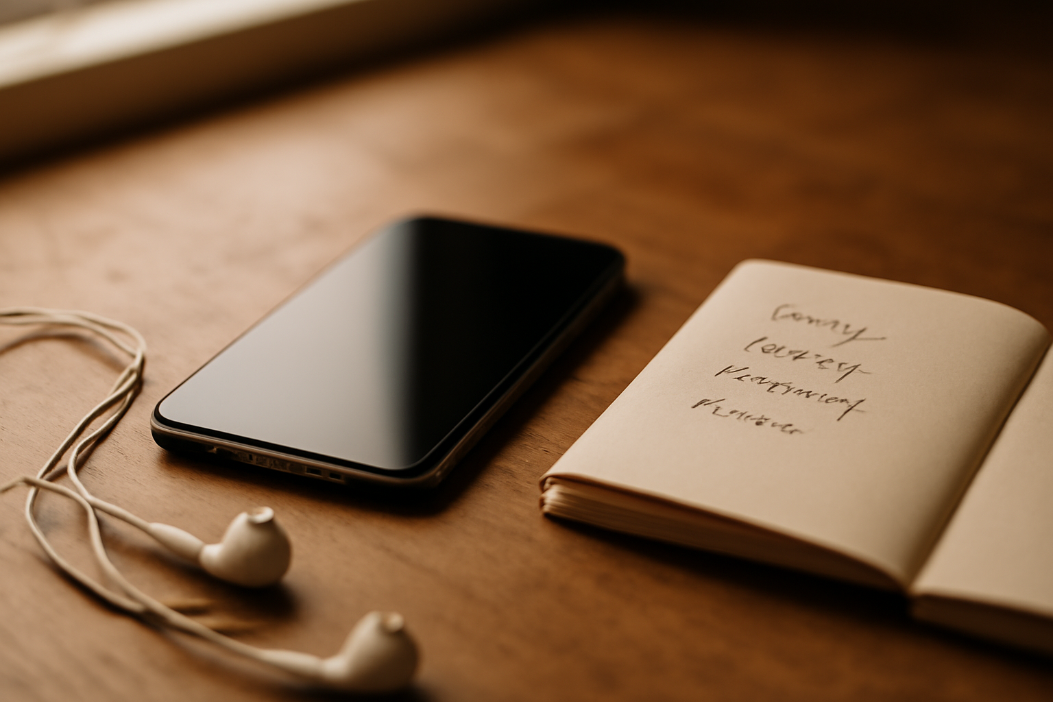 Ponsel dengan aplikasi musik, earphone, dan catatan lagu di meja kayu