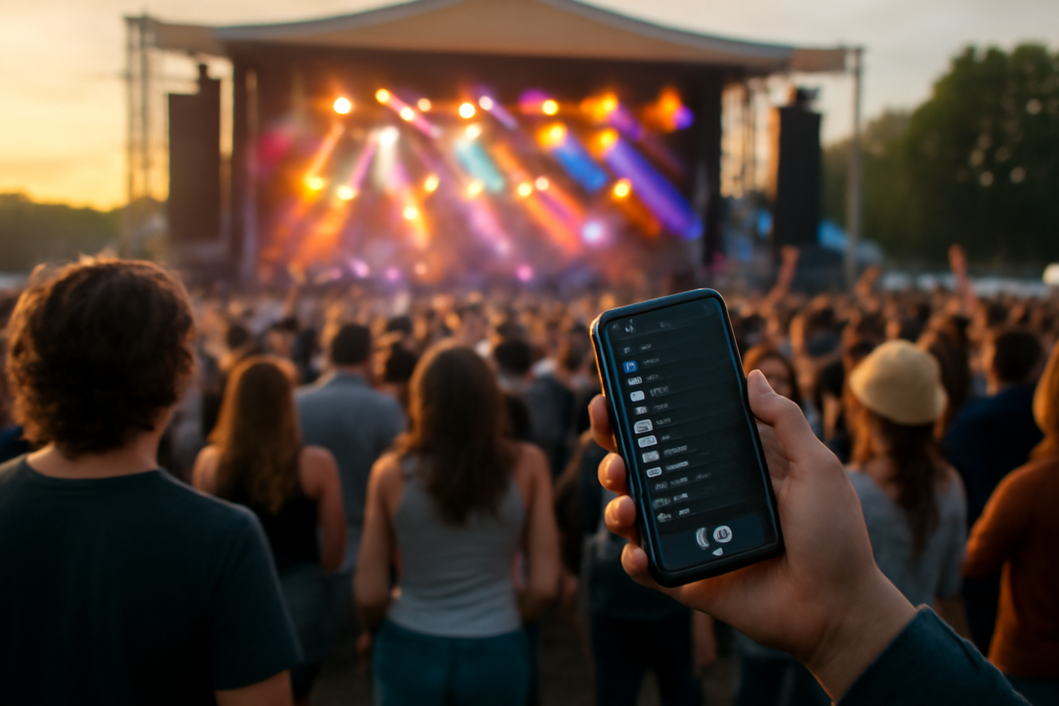 Suasana konser musik dengan panggung besar dan penonton, serta seseorang melihat playlist di ponsel
