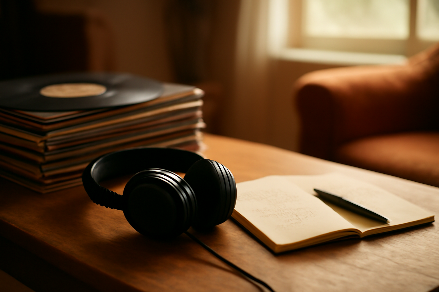 Sudut mendengarkan musik dengan tumpukan piringan hitam, headphone, dan buku catatan untuk menelusuri diskografi penyanyi pop Eropa