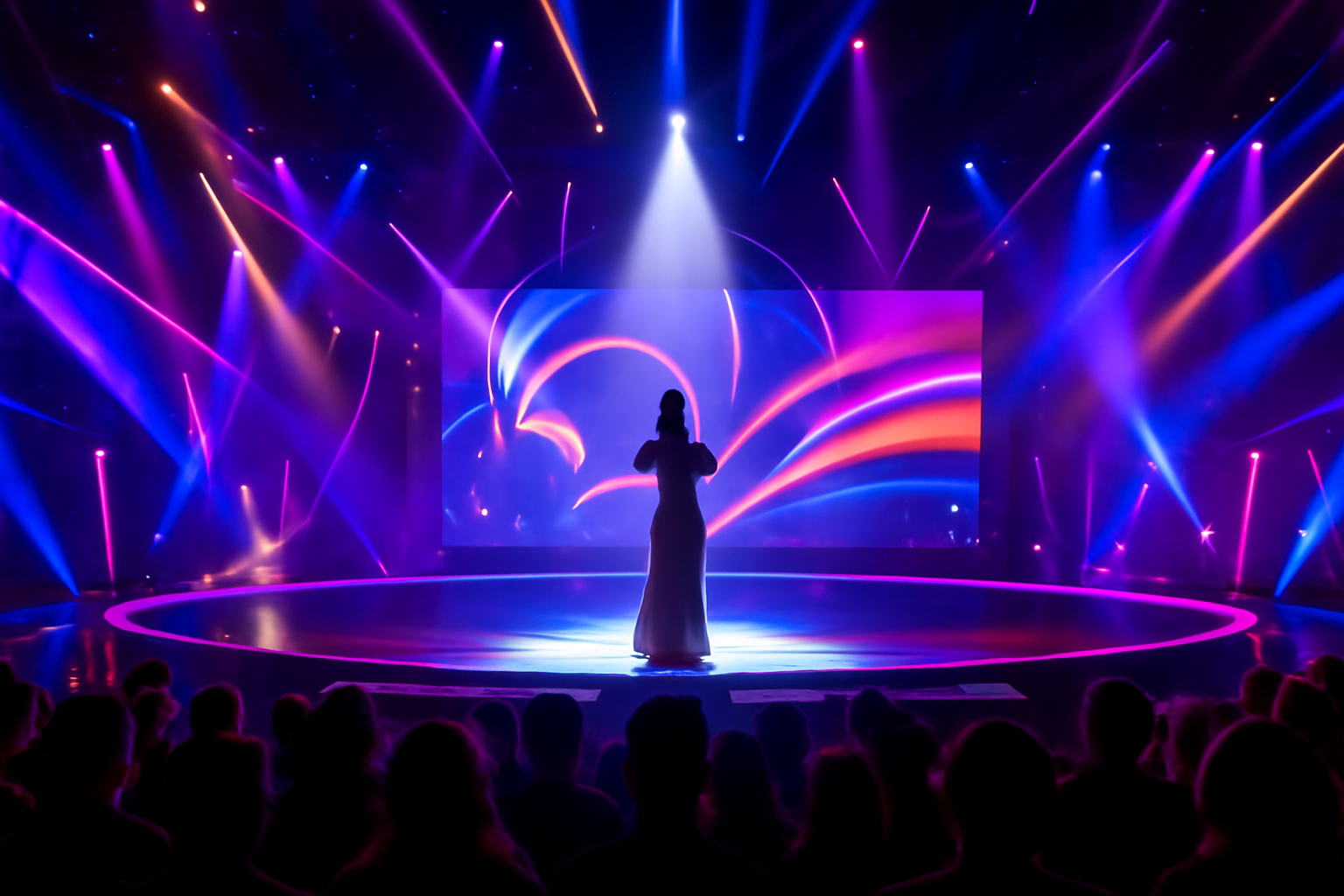 Suasana panggung Eurovision dengan lampu warna-warni dan penonton